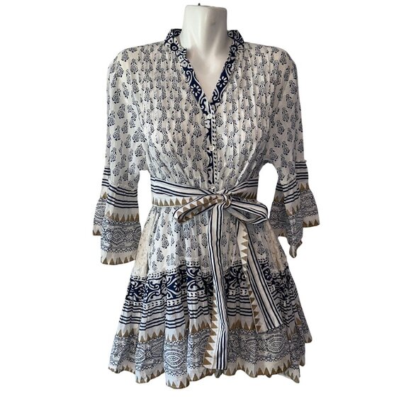Pep's Cannes Printed Blue Flutter Mini Dress Tunic Belted Cotton Size Small - Picture 1 of 7